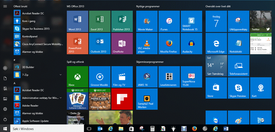 Start-meny i Windows 10 med søkeboksen på oppgavelinja og utvidede kolonner