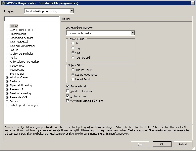 Bilde viser JAWS Settings Center standard alle programmer