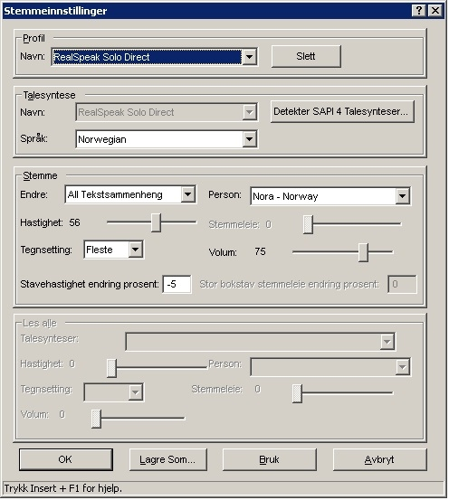 Bilde viser stemmeinnstillinger i JAWS