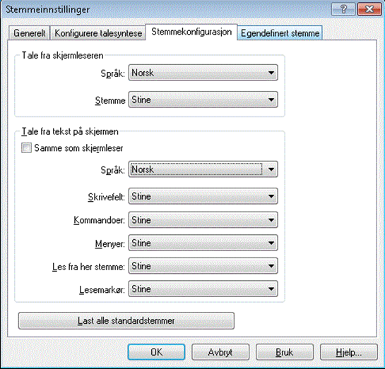 Bilde viser Stemmeinnstillinger og fanen Stemmekonfigurasjon