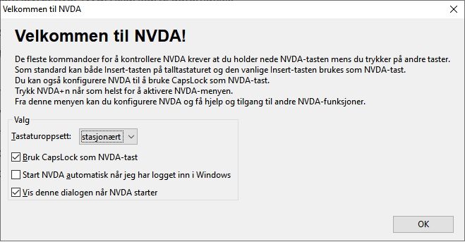 NVDA velkomstdialog med noen sentrale valg som tastatur- og oppstartsalternativer