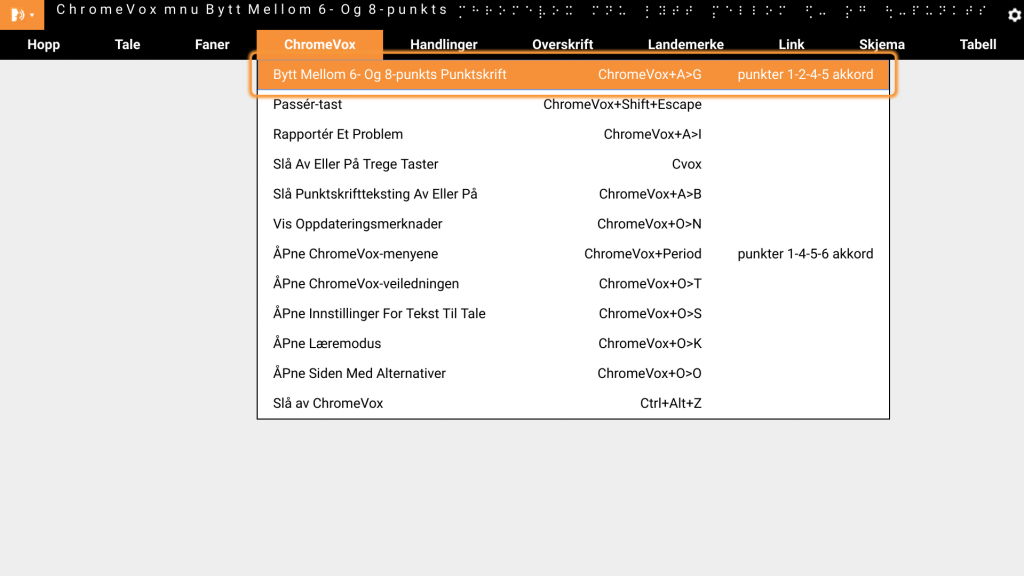 ChromeVox-panelet med kommandomeny aktiveres med ChromeVox+. når en app er aktiv