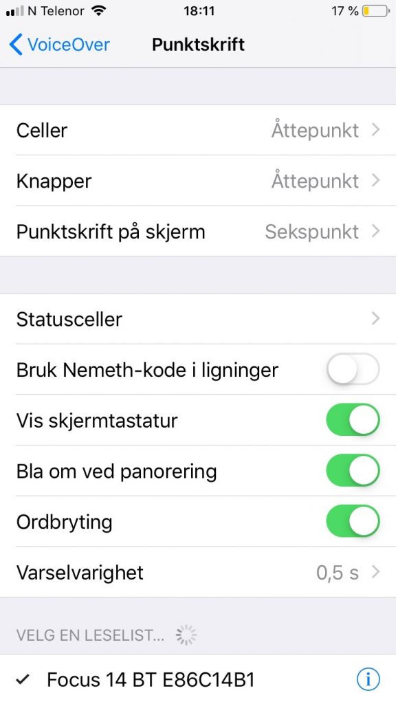 Innstillinger under Punktskrift i VoiceOver