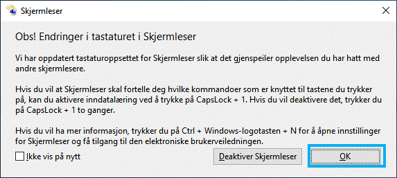 Oppstartdialog ved Skjermleser