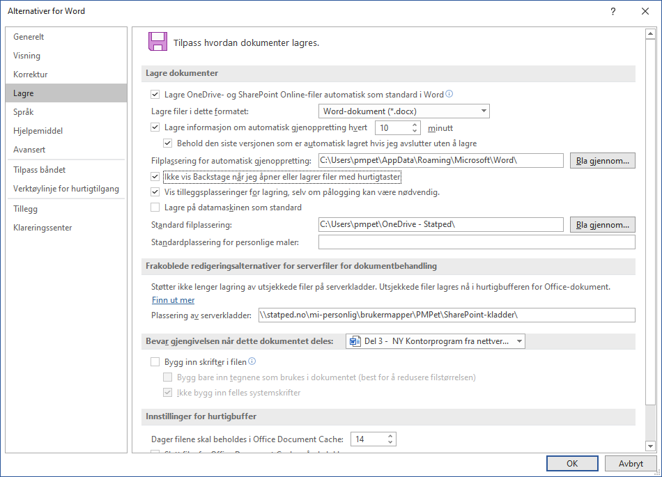 Alternativer for Word, ikke vis Backstage når filer lagres og standard filplassering
