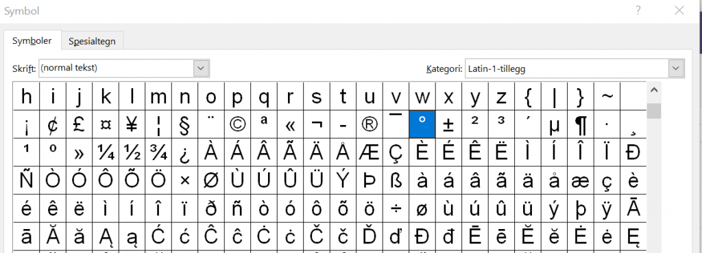 Dialogboks for å sette inn spesielle tegn
