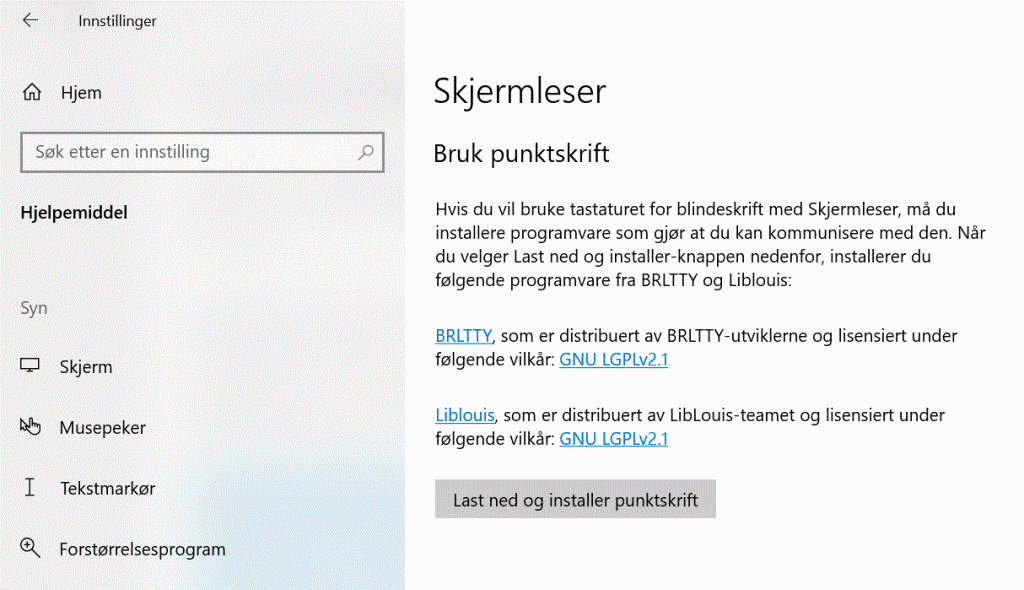 Skjermleser med bruk leselist, last ned og installer punktskrift