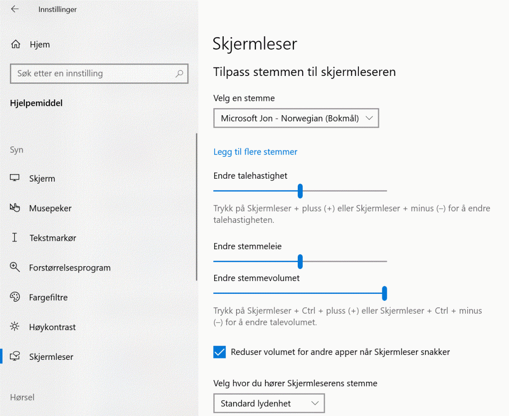 Innstillinger for tilpass stemmen til Skjermleser