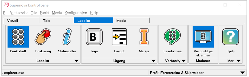 SuperNova kontrollpanel med fanen leselist