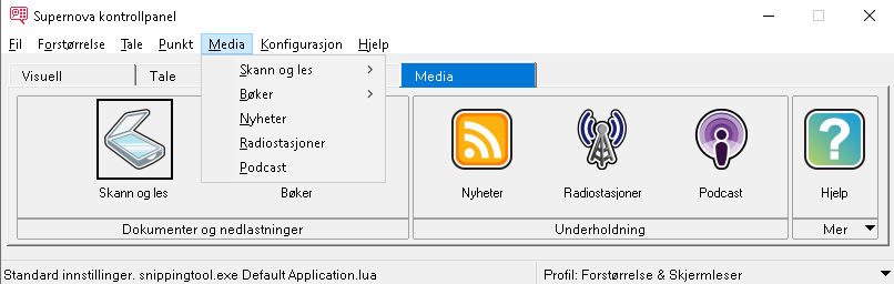 SuperNova kontrollpanel som viser meny punktet og fanen Media