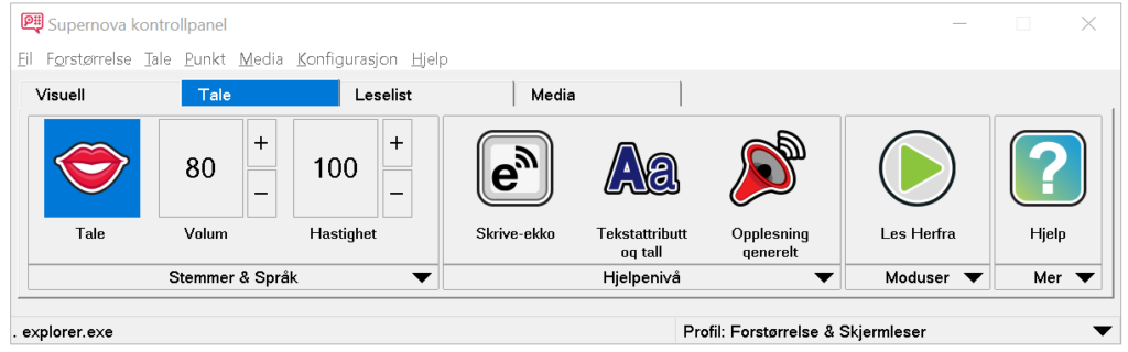 Supernova kontrollpanel med fanen tale