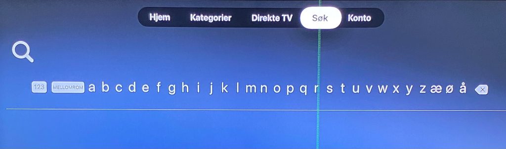 Horisontalt tastatur i alfabetisk rekkefølge på Apple TV